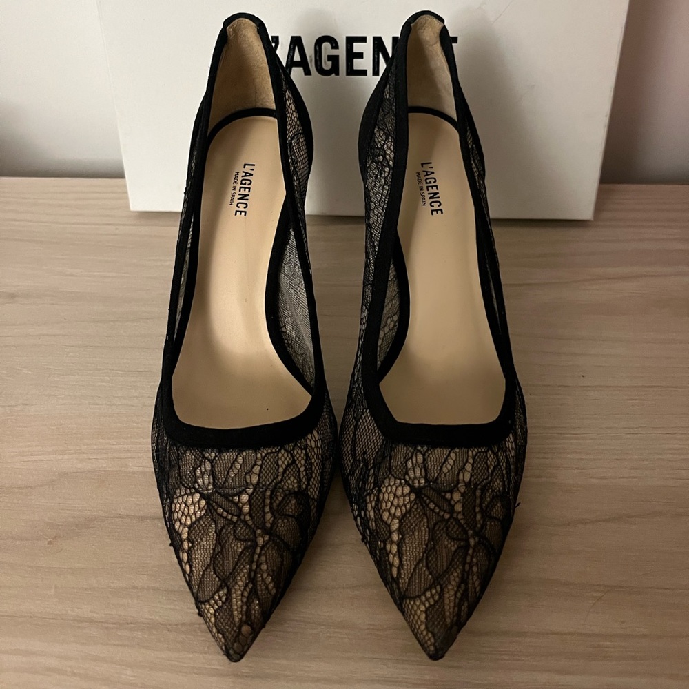 L’Agence Simone pump, black lace pump
